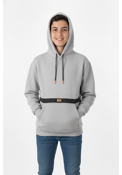 Kapşonlu Kanguru Cepli Detaylı Erkek Çocuk Sweatshirt-90835 Gri