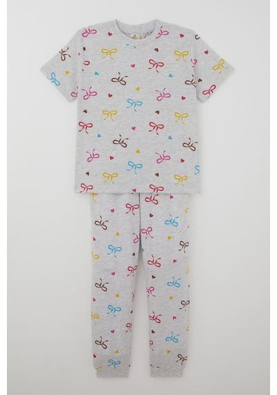 Paty Kıds Kız Çocuk Pijama Takımı Kısa Kollu Renkli Fiyonklu & Kalp Desenli 8-12 Yaş, Açık Gri Melanj