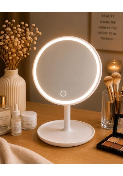 Led Işıklı Dimmerli Usb Şarjlı Dokunmatik Makyaj Aynası Beyaz - 3 Renk Işık Modu 360 Döner Masaüstü Ayna Yuvarlak