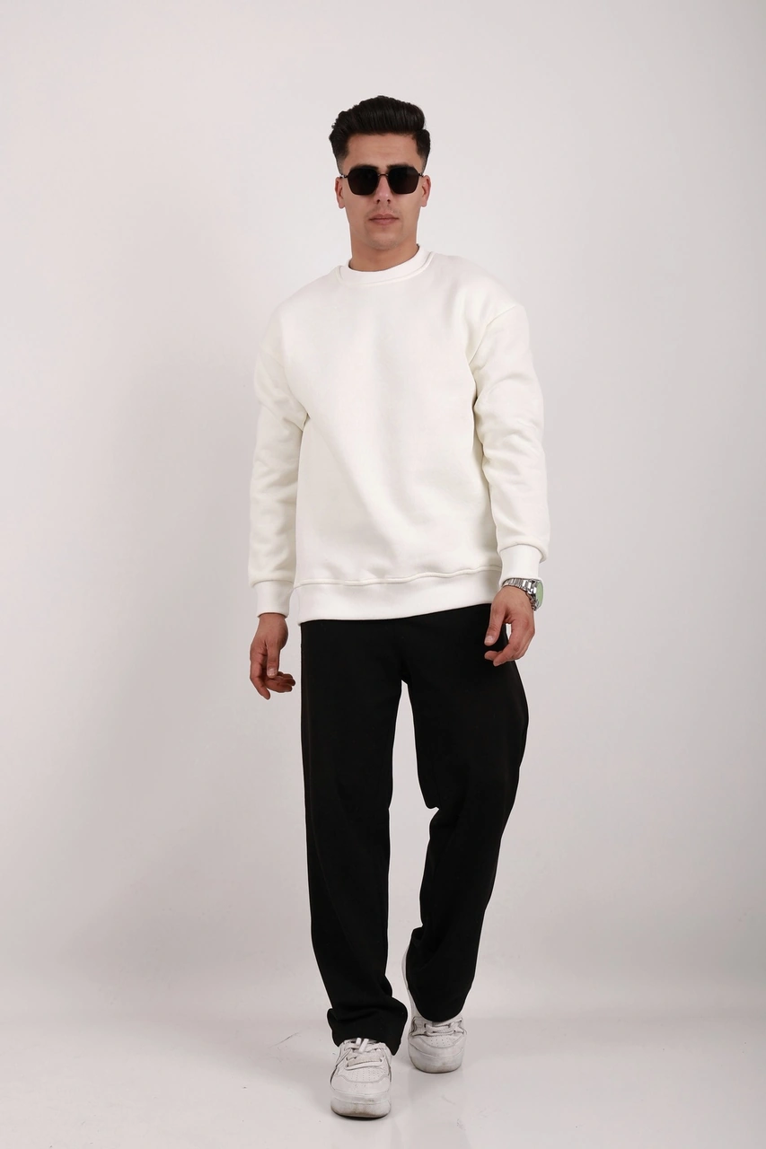 Erkek Standart Fit Bol Kesim %100 Pamuklu Içi Şardonlu 3 Iplik Bisiklet Yaka Sweatshirt Ekru