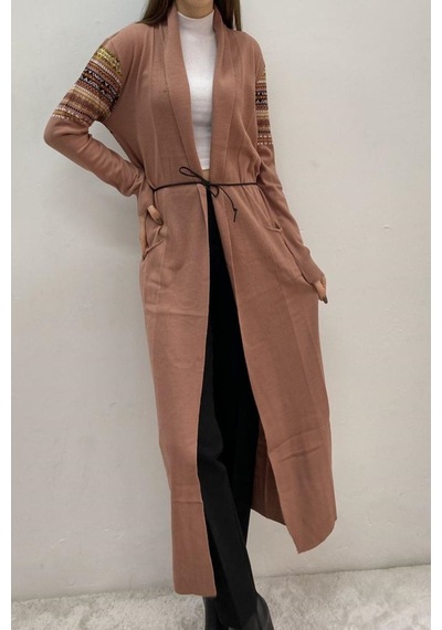 Onno Style Women Kilim Desen Uzun Ceket Somon