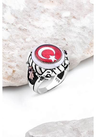 Mineli Türk Bayrağı Kenarı Çember Taşlı Gümüş Erkek Yüzük -4886