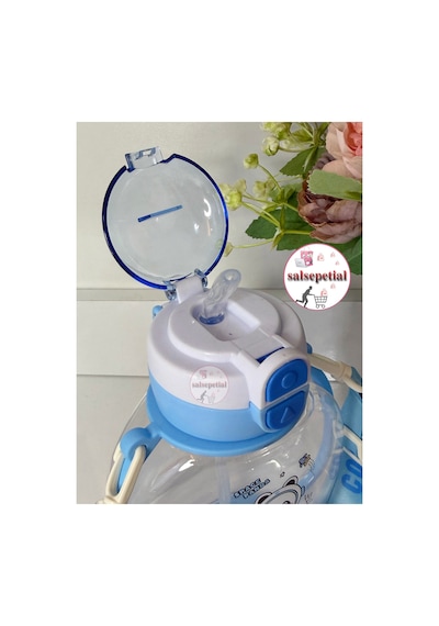 Panda Su Matarası Pandalı Suluk Figürlü Su Şişesi Panda Matara Askılı Pipetli Matara 850ml Mavi
