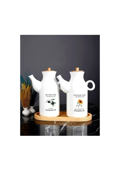Etiketli Ahşap Standlı 2'li Porselen 1000ml Yağlık&sirkelik 3'lu Yağdanlık Set Beyaz 261132656 Beyaz