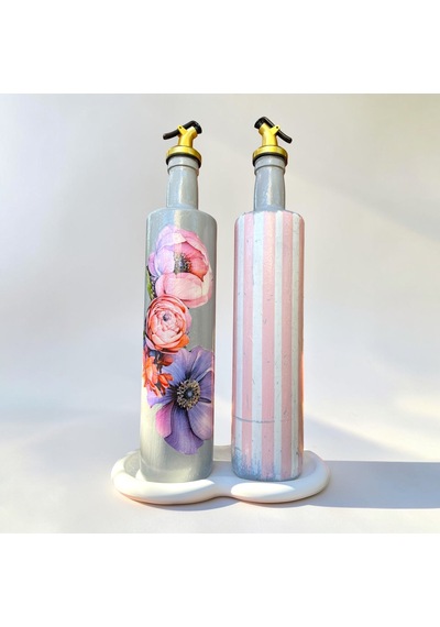 750 Ml Büyük Boy El Yapımı Cam Yağdanlık Sirkelik 2'li Set Çiçek Desenli Ve Çizgili Dekoratif Zeyt Pembe Ve Beyaz