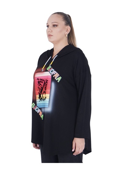 Kadın Büyük Beden Siyah Kapüşonlu Sloganlı Sweatshirt