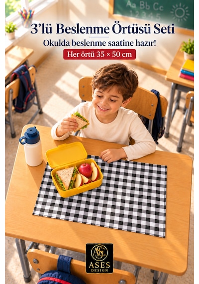 3 Lü Set Yıkanabilir Beslenme Örtüsü 35x50 Cm Siyah Beyaz Kareli - Anaokulu Ve İlkokul