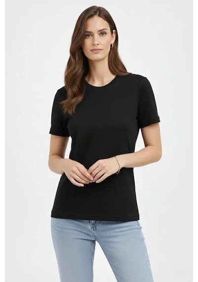 İkales Bisiklet Yaka Tişört Regular Kalıp Basic Pamuklu Günlük Kullanım T-shirt - Siyah