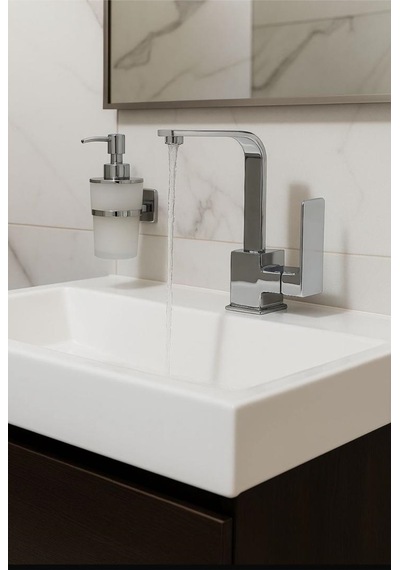 Rena Design Lavabo Bataryasi Krom Kare Banyo Lavabo Musluk Ağir Prinç Gövde Döner Boru Lüks Armatür Gümüş Gri