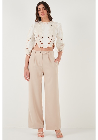 Lela Standart Fit Yüksek Bel Bol Paça Bayan Pantolon 6522280 Taş