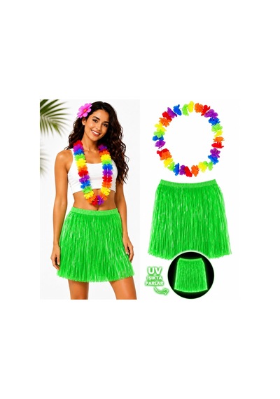 Neon Yeşil Hawaii Etek 40 Cm Ve Rengarenk Hawaii Kolye