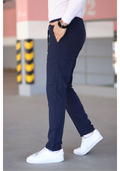 Bürke Erkek Lacivert Beli Lastikli Bağcıklı Esnek Fitted Jogger Pantolon Kumaş Pantolon