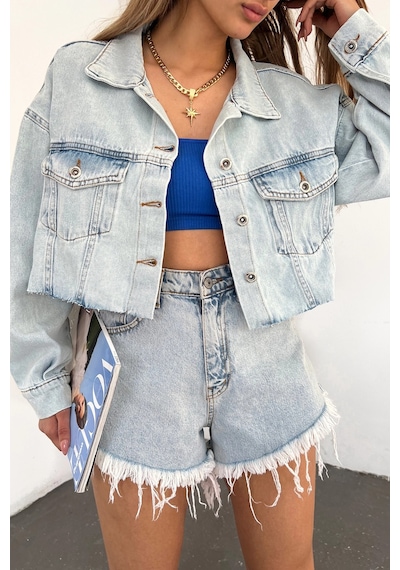 Mavi Çift Cepli Lazer Kesim Yıkamalı Crop Denim Ceket Bcdf-235408 Çok Renkli
