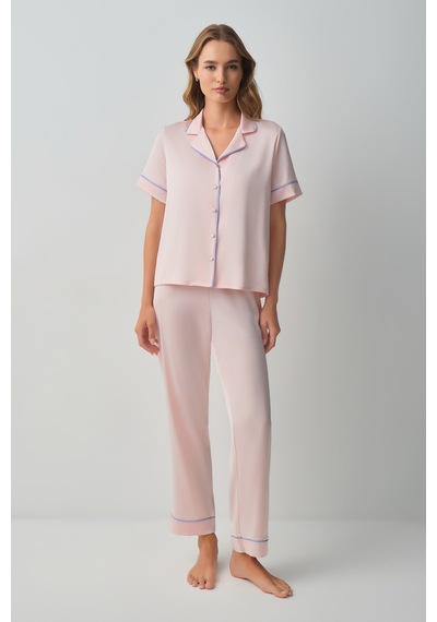 Suwen Clara Gömlek Yaka Pijama Takımı Wsh10510061077 Pembe