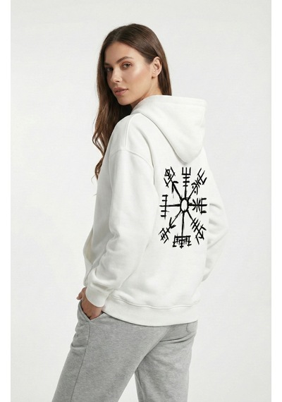 Nevermind Unisex Vegvisir Pusula Baskılı Sevgili Kombini Oversize Hoodie Se Beyaz