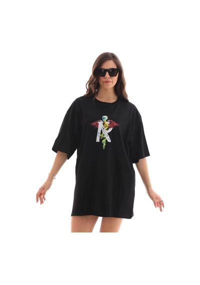 Kadın Baskılı T-shirt Kısa Kol Bisiklet Yaka Regular Fit Rahat Kalıp Günlük Tişört -siyah Siyah