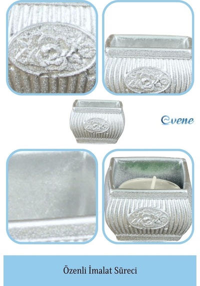 Mumluk Şamdan 3 Adet Tealight Uyumlu Üçlü Mini Çizgili Çiçekli Model - Gümüş