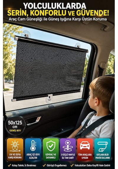 2 Adet Araç Yan Cam Güneşliği Stor 50x125 Cm 3 Vantuzlu Otomatik Toplanan Oto Cam Gölgelik Perde Uv
