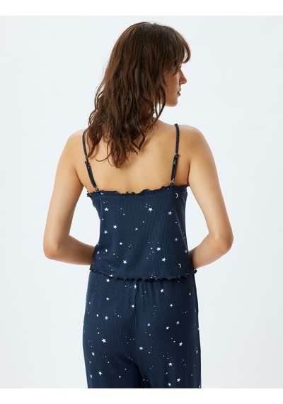 Koton Askılı Fitilli Pijama Üstü Yıldız Baskılı Fırfır Ve Düğme Detaylı Lacivert Desenli 5wlk90016mk Lacivert Desenli