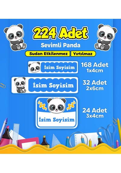 Sevimli Panda Temalı Okul Kreş Kişiye Özel İsim Etiket Seti - Model 149 Çok Renkli