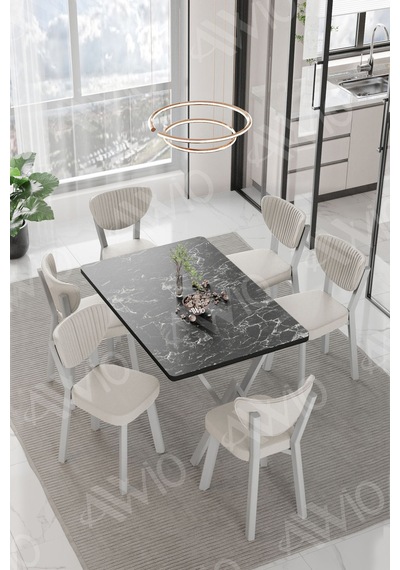 Avvio Lidyana Elma Sandalye 80x140 Yemek Masası Mutfak Masası 6 Kişilik Masa Sandalye Takım Siyah Mermer