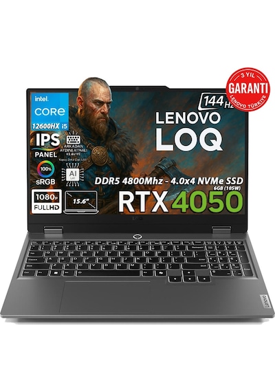Lenovo LOQ 15IAX9 83GS00PFTRAT100 i5-12600HX 40 GB 2 TB SSD RTX4050 15.6" Free Dos Dizüstü Bilgisayar