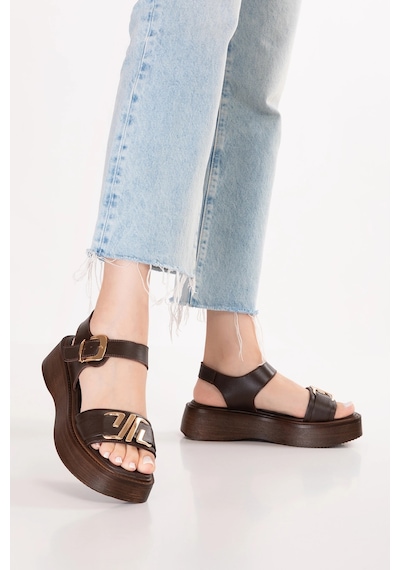 Gondol Hakiki Deri Platform Taban Sandalet Pkr.2401 Kahverengi