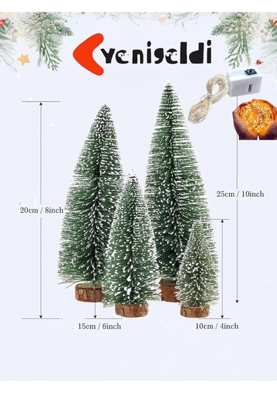 Yenigeldi Işıklı Kar Efektli Işıklı Ağacı Seti 4'lü Mini Çam Ağaçları 25-20-15-10 Cm + Led Işık, Ye Diğer