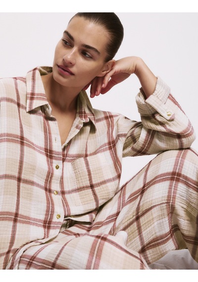 Marks & Spencer Saf Pamuklu Kareli Pijama Takımı T37002179J Pembe