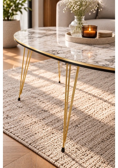 Sulorahome Oval Mermer Desenli Gold Metal Ayaklı Orta Sehpa Beyaz Mermer