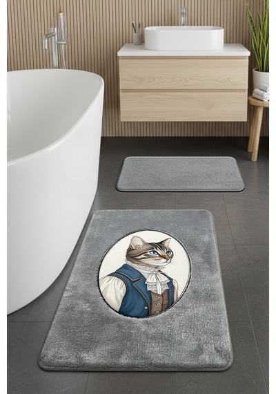 Modcat Gri 2li Nakışlı Banyo Paspası ,kaymaz Tabanlı 60x100 50x60 Cm Füme-ikili