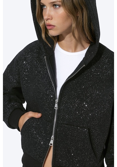 Hiccup Işıltılı Kapüşonlu Fermuarlı Sweatshirt Siyah