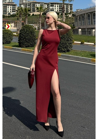 Madmext Bordo Maxi Boy Yırtmaç Detaylı Kadın Elbise Mg2367 Bordo