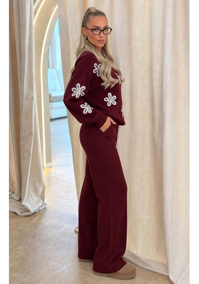Elora Atelier Bordo Çicek İşlemeli Tiriko Takım