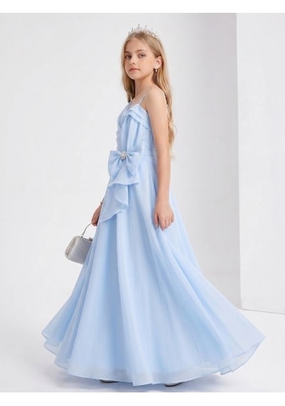 Zekids Kız Çocuk Asimetrik Drape Detaylı Fiyonklu Uzun Abiye Elbise-17327 Mavi