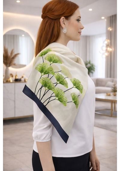 Tarzını Seç Lacivert Ginkgo Fular / Bandana / Aksesuar / Şal / Eşarp 70x70