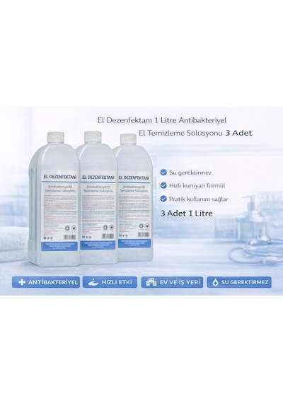 El Dezenfektanı 1 Litre Antibakteriyel El Temizleme Solüsyonu 3 Adet