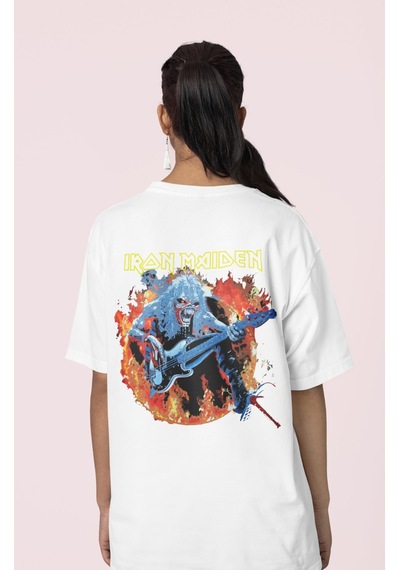 Tasarım Iron Maiden Müzik Grubu Sırt Baskılı Unisex Oversize Rock Beyaz