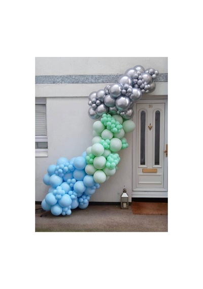 Krom Gümüş Makaron Mavi Ve Mint Yeşili Pastel Balon Zinciri 100 Adet A
