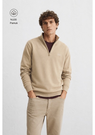 Ucla Fred Bej Yarım Fermuarlı %100 Pamuk Nakışlı Standard Fit Erkek Triko