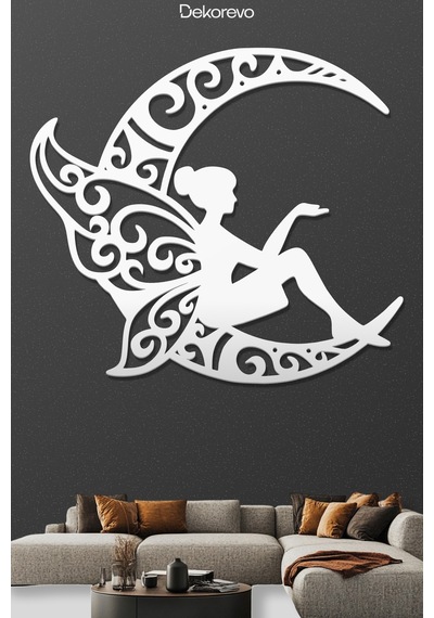 Peri Ve Hilal Ay Metal Duvar Tablosu - Metal Duvar Tablosu - Beyaz - 30 X 30 Cm
