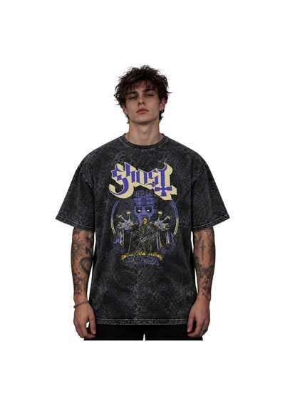 Ghost Rock Metal Müzik Grubu Baskılı Unisex Oversize Vintage Yıka Siyah