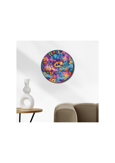 Çocuk Astronotlar Dekoratif Duvar Saati 33 Cm Uv Baskılı Mdf Duvar Saati Çok Renkli