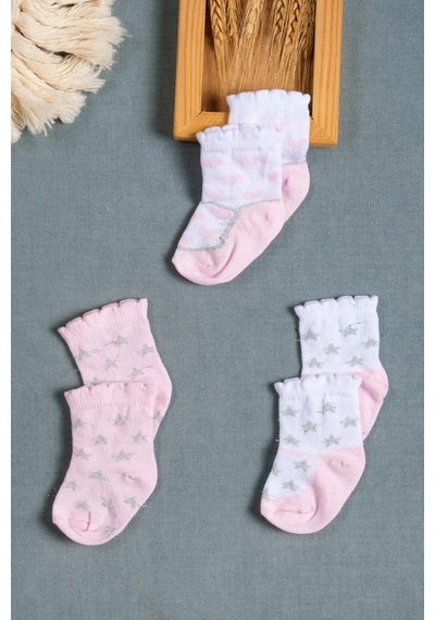 Cocole Socks Kız Çocuk Soket Çorabı 3 Lü Set Pamuklu Fırfırlı Bilek & Simli Yıldız Desenli Çok Renkli