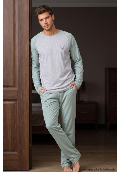 Siyah İnci Nakışlı Pamuklu Likralı Örme Pijama Takım 26241802 Mint