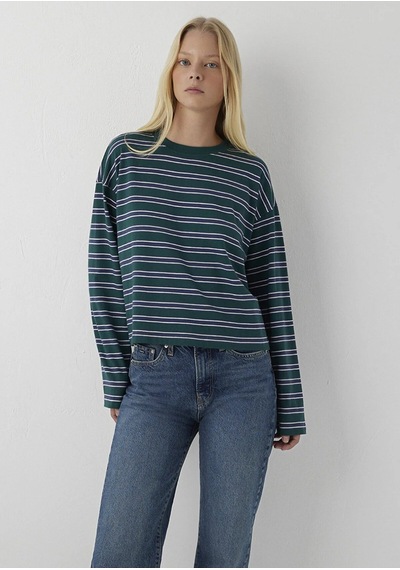 Mavi Uzun Kollu Basıc Tişört Sea Moss Stripe Yeşil