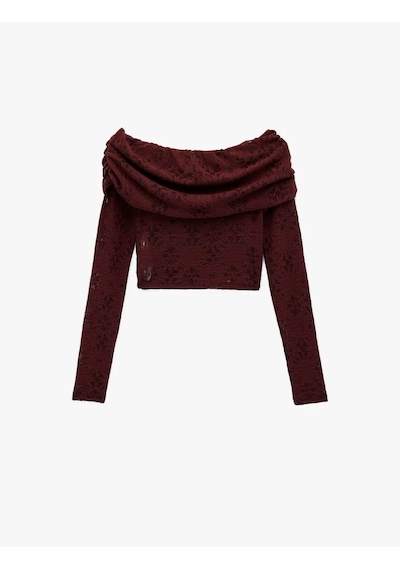 Koton Omzu Açık Crop Dantel Bordo Kadın Uzun Kollu T-shirt 6wal10621ık Bordo