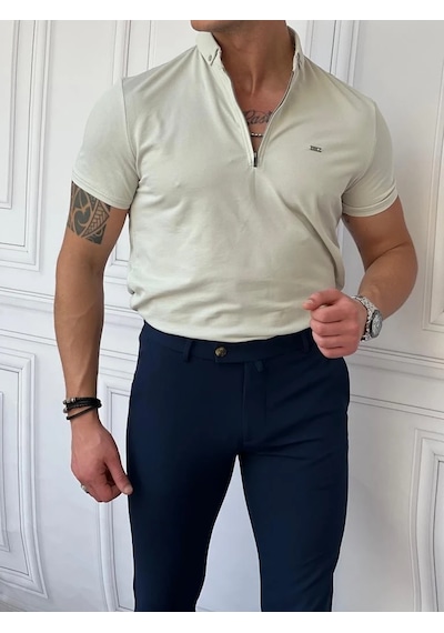 Modefendi Pamuk Likra Slim Fit Kalıp Bebe Yaka Fermuarlı Tshirt Bej