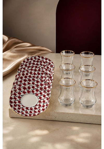 Modern 6 Kişilik Geometrik Desenli Çay Seti 12 Parça Gold Detaylı Kırmızı