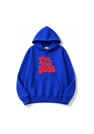 Herkesemoda Yazı Baskılı Kapüşonlu 2 İplik Şardonlu Sweatshirt Mavi